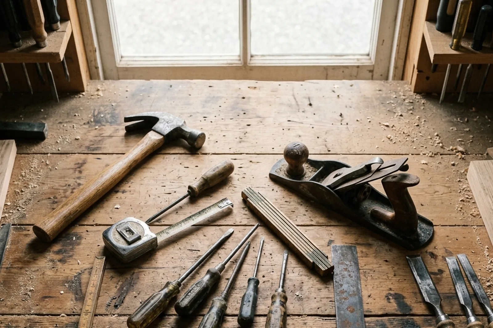 Well-used hand tools resting on a worn wooden workbench.